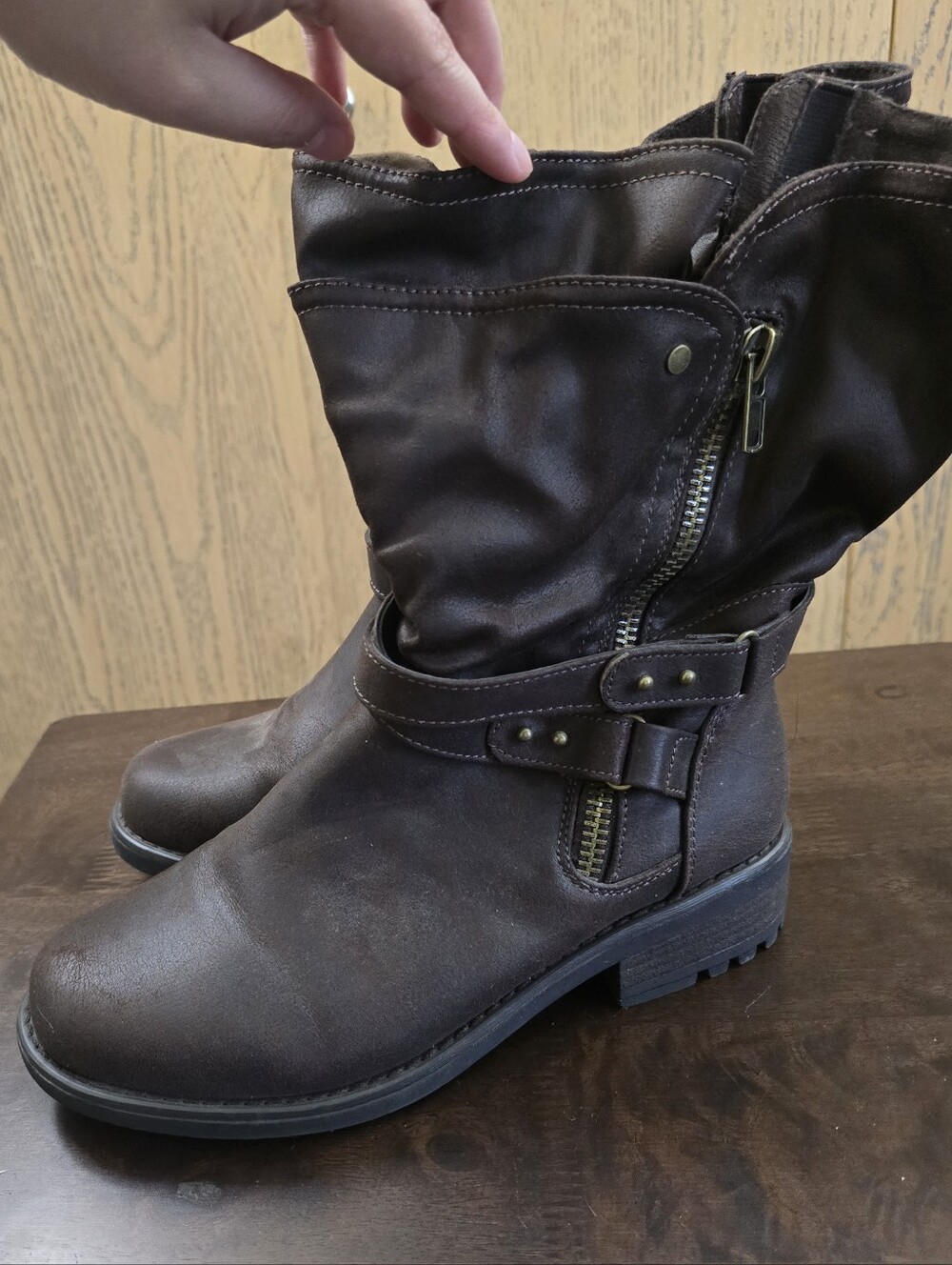 Women’s Brown Mid-Calf Zipper Buckle Boots